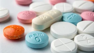 Close-up shot of pharmaceutical tablets on a clean surface.