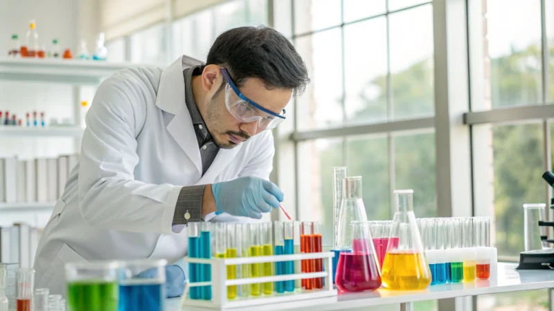 Scientist analyzing colorful chemical samples in a laboratory