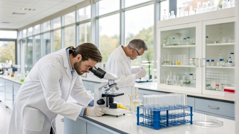 Scientists examining titanium dioxide samples in a bright laboratory