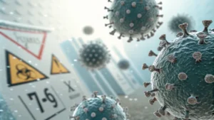 Microscopic view of titanium dioxide particles with blurred background of caution symbols.
