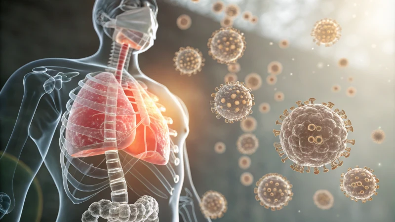 Close-up view of titanium dioxide nanoparticles with human lungs and digestive organs overlays.