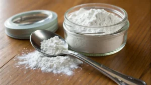 Close-up of titanium dioxide powder in a glass jar with a silver spoon