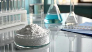 Close-up of titanium dioxide powder in a glass jar