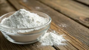 Close-up of titanium dioxide powder in a glass container on a wooden table