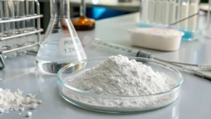Close-up of titanium dioxide powder in a glass vial
