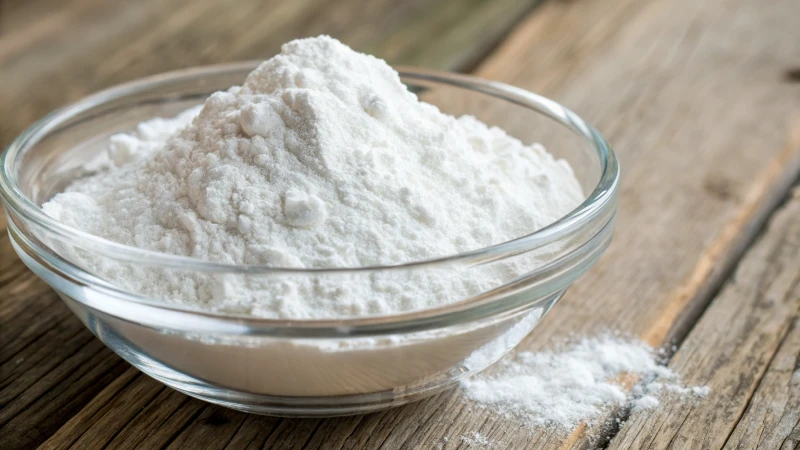 Close-up of titanium dioxide powder in a glass bowl on a wooden table