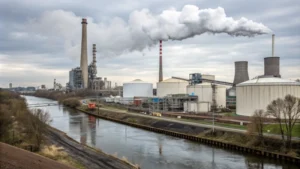 Industrial titanium dioxide production facility with smokestacks and machinery