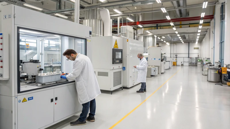 Workers in lab coats conducting quality control tests in a modern industrial facility