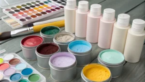 A display of various products featuring Titanium Dioxide pigment.
