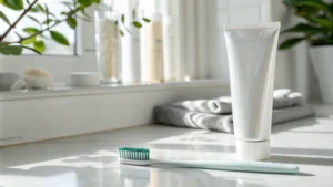 A tube of toothpaste and a toothbrush on a clean surface