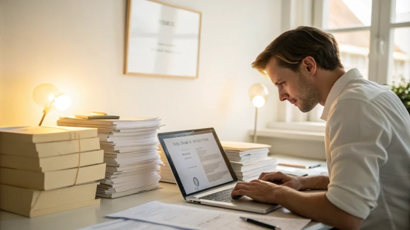 Individual working at a well-lit desk with a laptop and papers