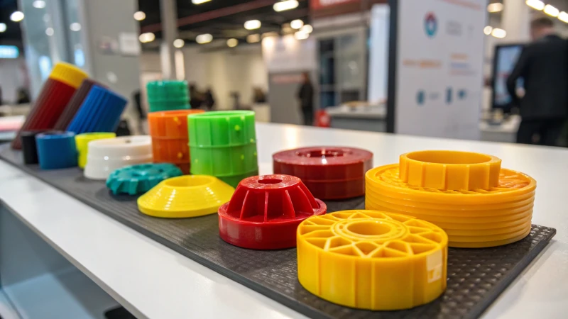 A collection of vibrant 3D printed polymer parts on a modern surface