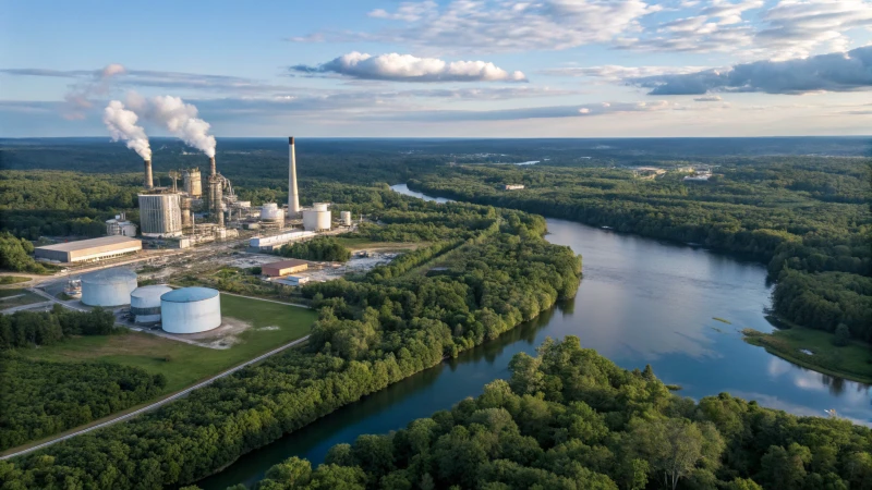 Aerial view of a titanium dioxide production facility surrounded by greenery and a river