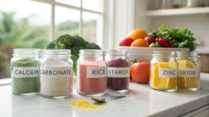 Bright kitchen countertop with jars of natural food coloring ingredients
