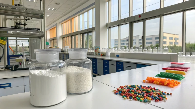 A bright laboratory with a clean workbench and jars of materials.