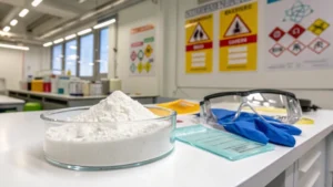 Laboratory setting with titanium dioxide powder and safety gear