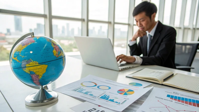 Business professional analyzing data on a laptop in a modern office