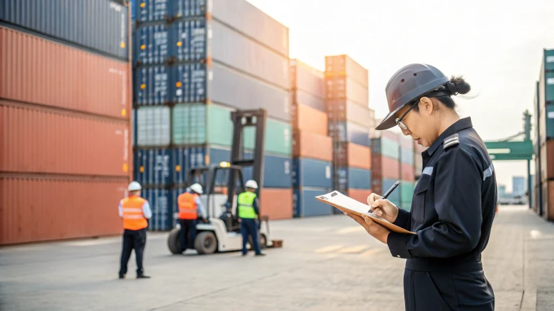 A customs officer examining documents in a busy logistics warehouse.