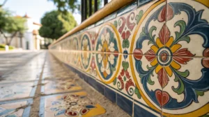 Close-up of a glazed ceramic tile with vibrant colors and intricate patterns.