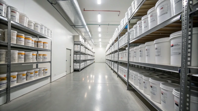 Organized storage facility with sealed containers of titanium dioxide powder