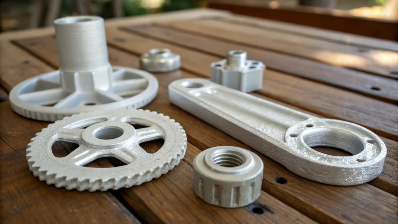 Close-up of 3D printed titanium dioxide parts on a wooden table