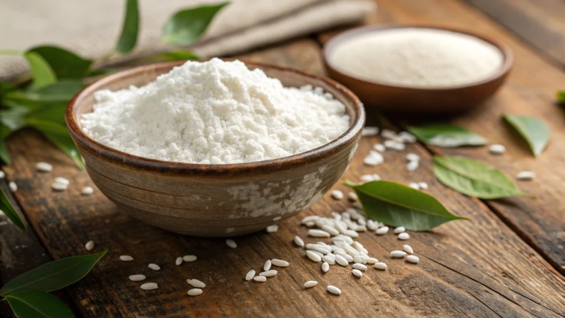 A bowl of white rice starch on a wooden table with scattered rice grains and green leaves.