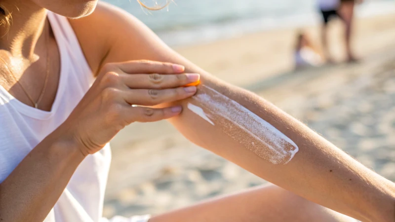 Person applying sunscreen on forearm under sunlight