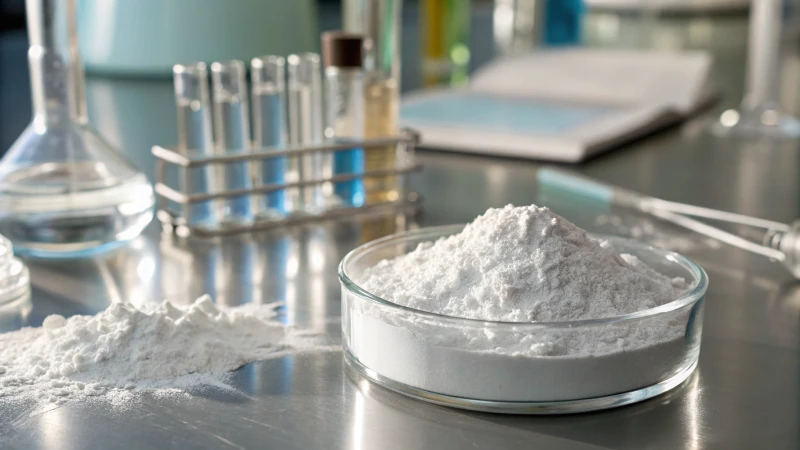 Close-up of titanium dioxide powder in a glass container