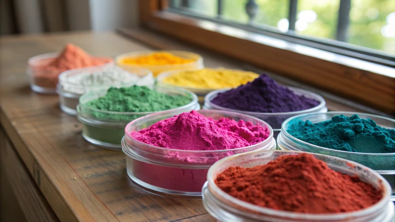 Aesthetic display of colorful pigment powders in transparent containers