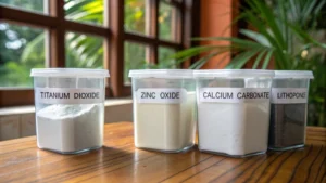 Comparison of white pigments in clear containers on a wooden table