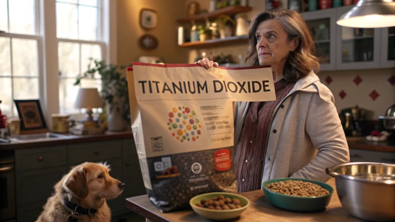 A concerned pet owner examining a bag of pet food in a warm kitchen setting.