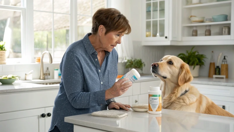 A concerned pet owner inspecting a product in a bright kitchen with a curious dog beside them.