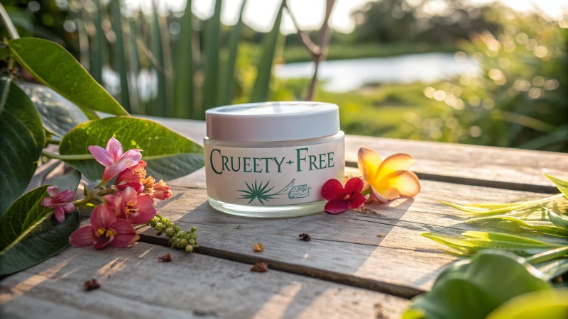A cruelty-free skincare product displayed on a rustic wooden table with greenery and flowers.