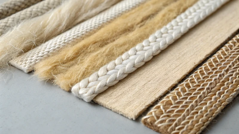 Close-up view of various fiber samples on a neutral background