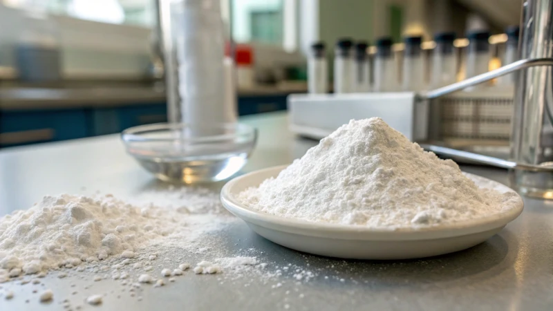 Close-up of bright white titanium dioxide powder on a lab countertop
