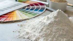 Close-up of fine titanium dioxide powder with paint samples in the background