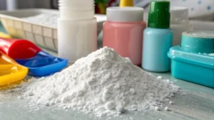 Close-up of white titanium dioxide powder next to colorful plastic items