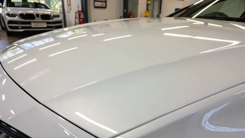 Close-up of a glossy white coating on a smooth surface
