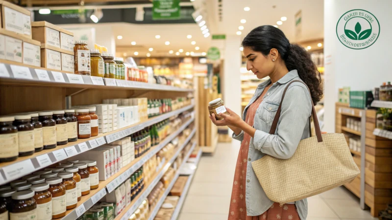A consumer inspecting a product in a grocery store aisle