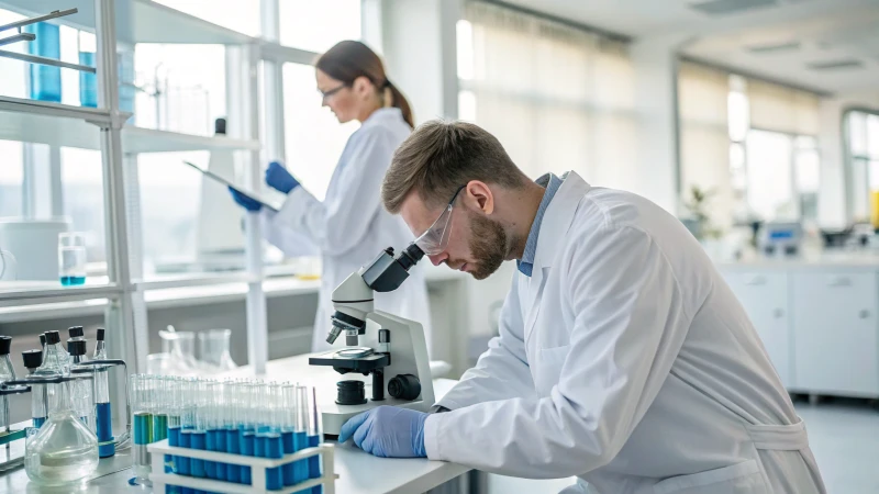 Scientists examining titanium dioxide in a bright laboratory