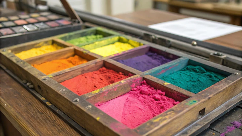 Close-up of vibrant ink samples on a wooden surface under UV light