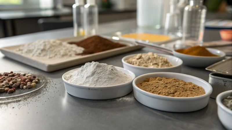 Close-up view of various materials on a laboratory table