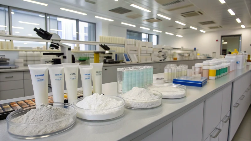 Laboratory workspace with titanium dioxide containers and sunscreen tubes.