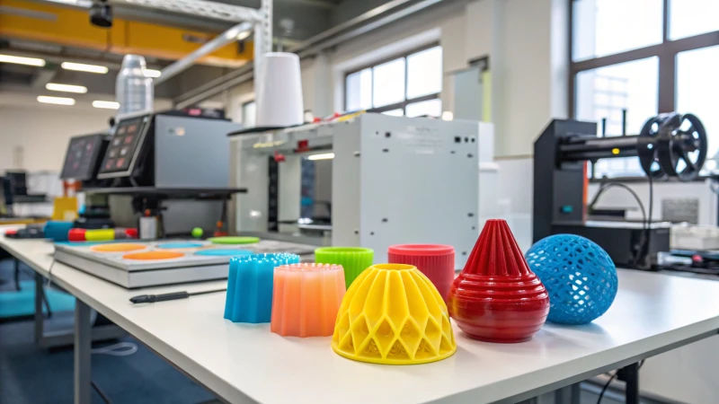 A modern laboratory with colorful 3D printed objects on a table