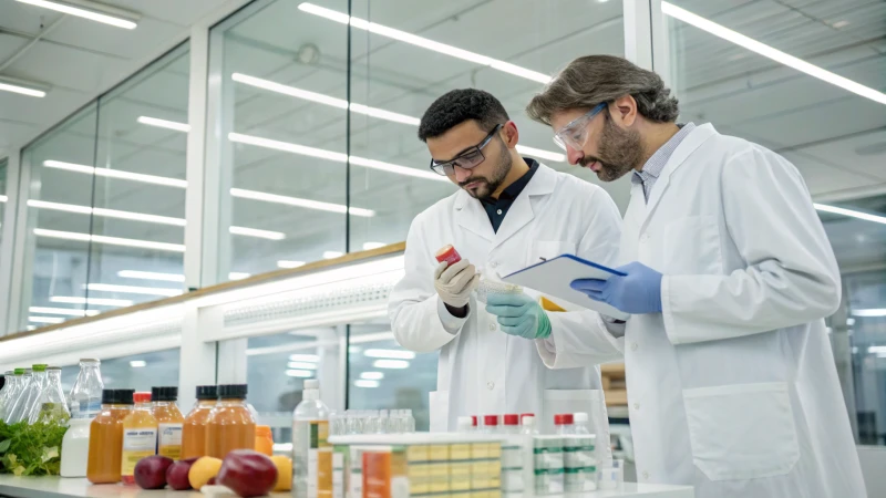 Two scientists in a modern laboratory analyzing products