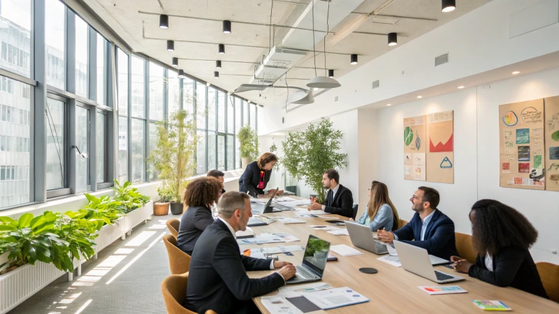 A diverse group of professionals in formal attire at a conference table engaged in discussion.