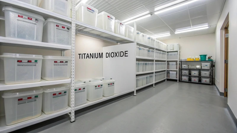 A clean storage room with labeled containers of titanium dioxide