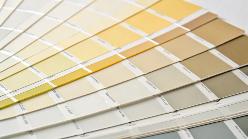 Close-up of paint swatches in gradient of whites