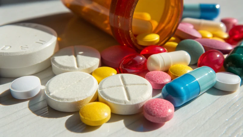 Assorted colorful pharmaceutical tablets and capsules on a reflective surface