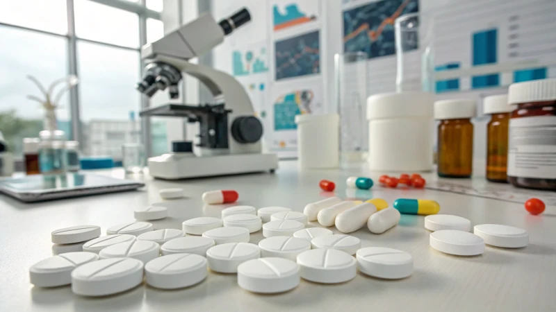 A collection of pharmaceutical tablets and capsules in a laboratory setting